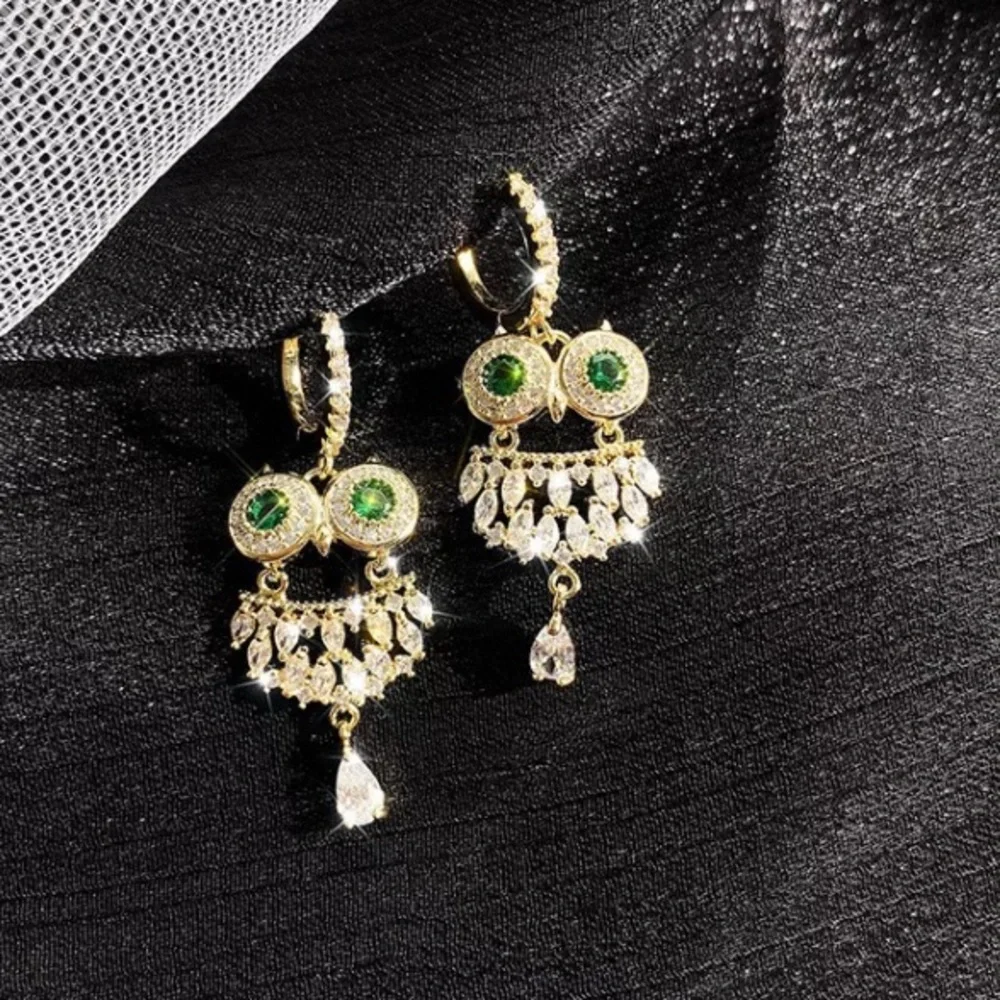 Owl Rhinestone Gold Plated Earrings - Picture 1 of 6